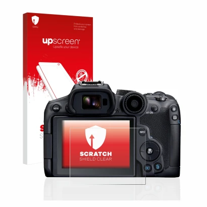 Face avant d’un emballage produit avec le logo de la marque upscreen. À côté, l’appareil Canon EOS R7 est représenté avec la p