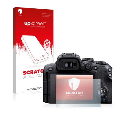 Face avant d’un emballage produit avec le logo de la marque upscreen. À côté, l’appareil Canon EOS R10 est représenté avec la
