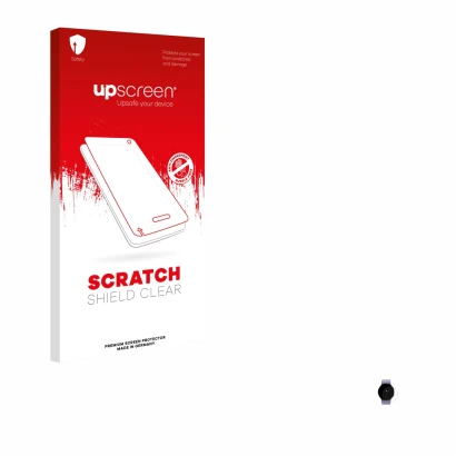 Face avant d’un emballage produit avec le logo de la marque upscreen. À côté, l’appareil Samsung Galaxy Watch 5 (40mm) est rep
