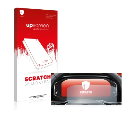 Face avant d’un emballage produit avec le logo de la marque upscreen. À côté, l’appareil Volkswagen Tiguan 2021 Digital Cockpi