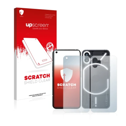 Face avant d’un emballage produit avec le logo de la marque upscreen. À côté, l’appareil Nothing Phone (1) (Avant+Arrière) est