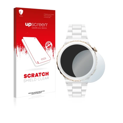 Face avant d’un emballage produit avec le logo de la marque upscreen. À côté, l’appareil Huawei Watch GT 3 Pro Ceramic (43mm) 