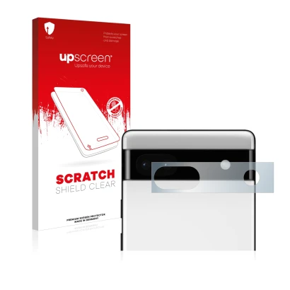 Face avant d’un emballage produit avec le logo de la marque upscreen. À côté, l’appareil Google Pixel 6a (Caméra UNIQUEMENT) e