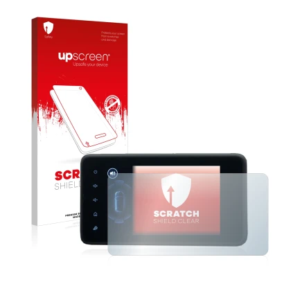Face avant d’un emballage produit avec le logo de la marque upscreen. À côté, l’appareil Dacia Jogger 2022 Media Display 8" es