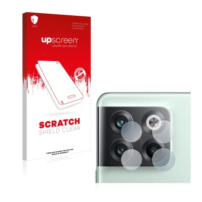 Face avant d’un emballage produit avec le logo de la marque upscreen. À côté, l’appareil OnePlus 10T 5G (Caméra UNIQUEMENT) es