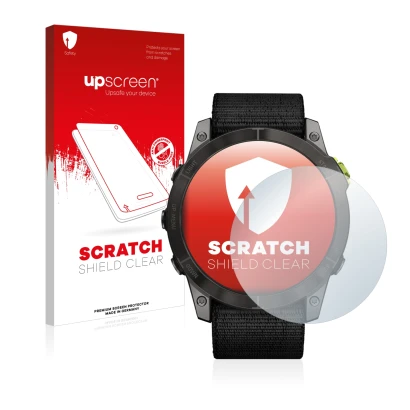 Face avant d’un emballage produit avec le logo de la marque upscreen. À côté, l’appareil Garmin Enduro 2 est représenté avec l