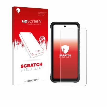 Face avant d’un emballage produit avec le logo de la marque upscreen. À côté, l’appareil Umidigi Bison 2 Pro est représenté av