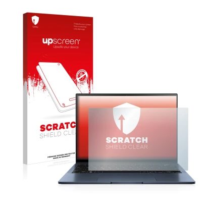 Face avant d’un emballage produit avec le logo de la marque upscreen. À côté, l’appareil ASUS ZenBook S13 OLED est représenté