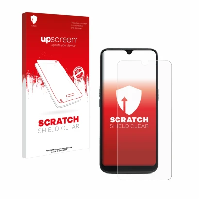Face avant d’un emballage produit avec le logo de la marque upscreen. À côté, l’appareil Doro 8100 est représenté avec la prot