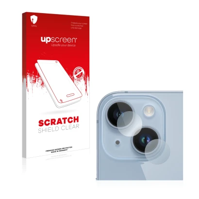 Face avant d’un emballage produit avec le logo de la marque upscreen. À côté, l’appareil Apple iPhone 14 (Caméra UNIQUEMENT) e