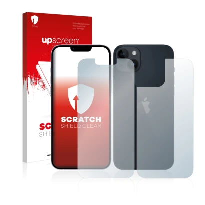 Face avant d’un emballage produit avec le logo de la marque upscreen. À côté, l’appareil Apple iPhone 14 (Avant+Arrière) est r