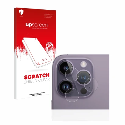 Face avant d’un emballage produit avec le logo de la marque upscreen. À côté, l’appareil Apple iPhone 14 Pro Max (Caméra UNIQU