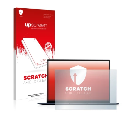 Face avant d’un emballage produit avec le logo de la marque upscreen. À côté, l’appareil ASUS ZenBook 14 OLED est représenté a