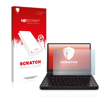 Face avant d’un emballage produit avec le logo de la marque upscreen. À côté, l’appareil GPD Win Max 2 est représenté avec la