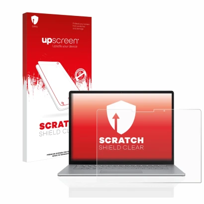 Face avant d’un emballage produit avec le logo de la marque upscreen. À côté, l’appareil Microsoft Surface Laptop 5 13.5