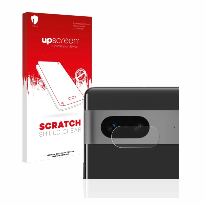 Face avant d’un emballage produit avec le logo de la marque upscreen. À côté, l’appareil Google Pixel 7 (Caméra UNIQUEMENT) es