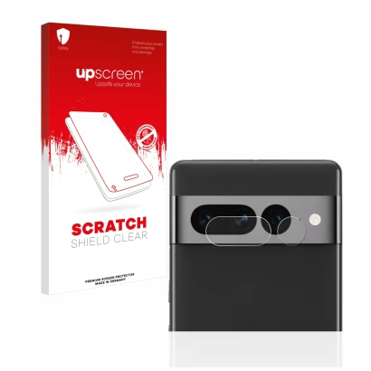 Face avant d’un emballage produit avec le logo de la marque upscreen. À côté, l’appareil Google Pixel 7 Pro (Caméra UNIQUEMENT