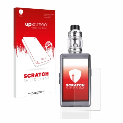 Face avant d’un emballage produit avec le logo de la marque upscreen. À côté, l’appareil GeekVape T200 est représenté avec la