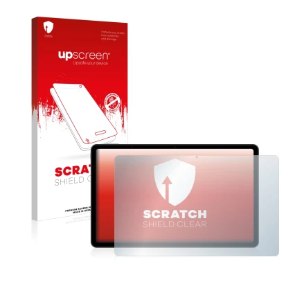 Face avant d’un emballage produit avec le logo de la marque upscreen. À côté, l’appareil Xiaomi Redmi Pad (en paysage) est rep