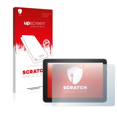 Face avant d’un emballage produit avec le logo de la marque upscreen. À côté, l’appareil Amazon Fire HD 8 2022 est représenté