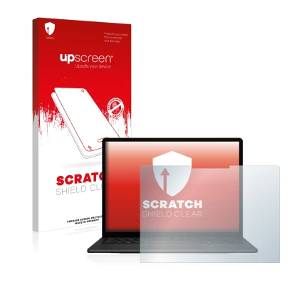 Face avant d’un emballage produit avec le logo de la marque upscreen. À côté, l’appareil Microsoft Surface Laptop 5 15