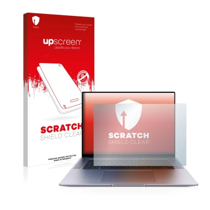 Face avant d’un emballage produit avec le logo de la marque upscreen. À côté, l’appareil Huawei MateBook 16s est représenté av