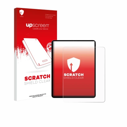 Face avant d’un emballage produit avec le logo de la marque upscreen. À côté, l’appareil Apple iPad Pro 12.9" 2022 (6. Gen.) e