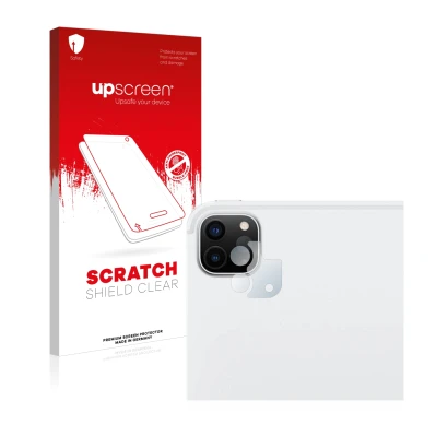 Face avant d’un emballage produit avec le logo de la marque upscreen. À côté, l’appareil Apple iPad Pro 12.9" 2022 (Caméra UNI