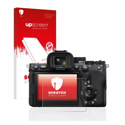 Face avant d’un emballage produit avec le logo de la marque upscreen. À côté, l’appareil Sony Alpha 7R V / a7R V est représent