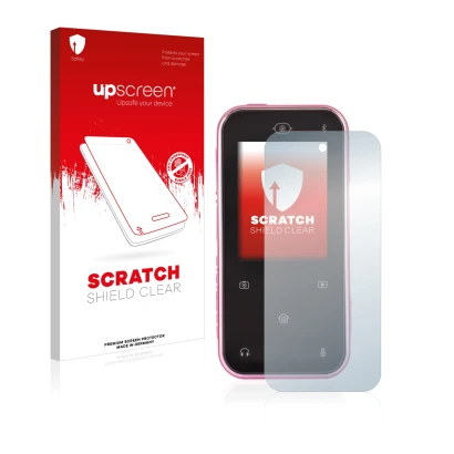 Face avant d’un emballage produit avec le logo de la marque upscreen. À côté, l’appareil Vtech Kidizoom Snap Touch est représe