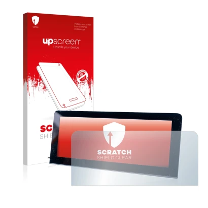 Face avant d’un emballage produit avec le logo de la marque upscreen. À côté, l’appareil MG 4 est représenté avec la protectio