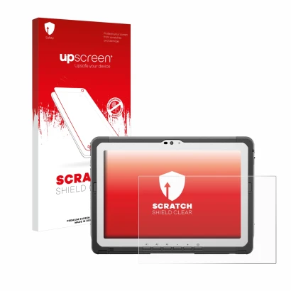 Face avant d’un emballage produit avec le logo de la marque upscreen. À côté, l’appareil Panasonic Toughbook FZ-A3 est représe