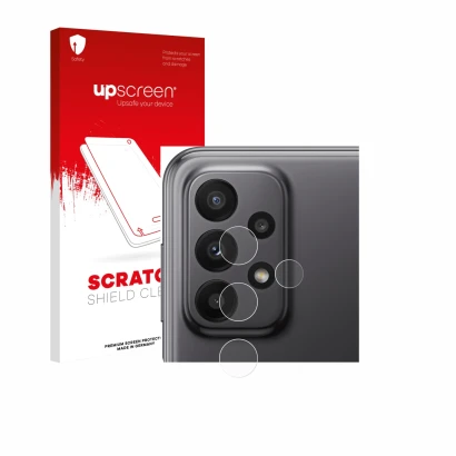 Face avant d’un emballage produit avec le logo de la marque upscreen. À côté, l’appareil Samsung Galaxy A23 5G (Caméra UNIQUEM