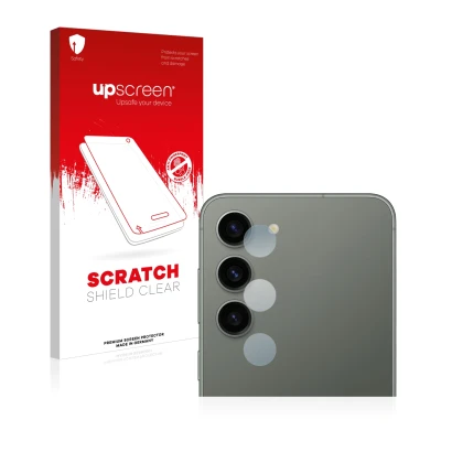 Face avant d’un emballage produit avec le logo de la marque upscreen. À côté, l’appareil Samsung Galaxy S23 (Caméra UNIQUEMENT