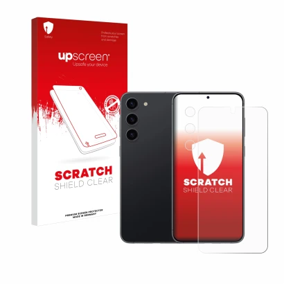 Face avant d’un emballage produit avec le logo de la marque upscreen. À côté, l’appareil Samsung Galaxy S23 (Avant+Caméra) est