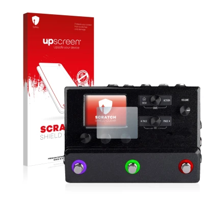 Face avant d’un emballage produit avec le logo de la marque upscreen. À côté, l’appareil Line 6 hx stomp est représenté avec l