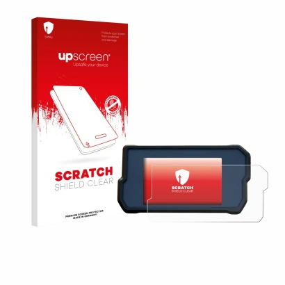 Face avant d’un emballage produit avec le logo de la marque upscreen. À côté, l’appareil KTM 390 Duke 2019 est représenté avec