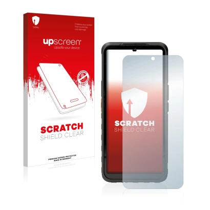 Face avant d’un emballage produit avec le logo de la marque upscreen. À côté, l’appareil Caterpillar Cat S53 5G est représenté