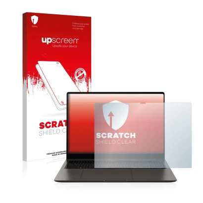 Face avant d’un emballage produit avec le logo de la marque upscreen. À côté, l’appareil Samsung Galaxy Book3 Ultra 16" est re