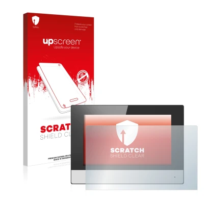 Face avant d’un emballage produit avec le logo de la marque upscreen. À côté, l’appareil Hikvision DS-KH6320-WTE2 (station int