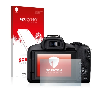 Face avant d’un emballage produit avec le logo de la marque upscreen. À côté, l’appareil Canon EOS R50 est représenté avec la