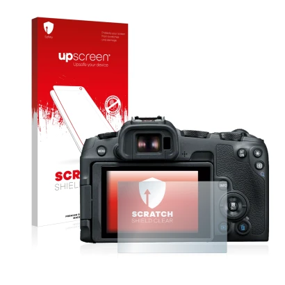 Face avant d’un emballage produit avec le logo de la marque upscreen. À côté, l’appareil Canon EOS R8 est représenté avec la p