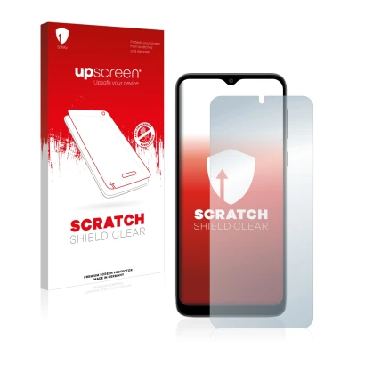 Face avant d’un emballage produit avec le logo de la marque upscreen. À côté, l’appareil Motorola Moto E13 est représenté avec
