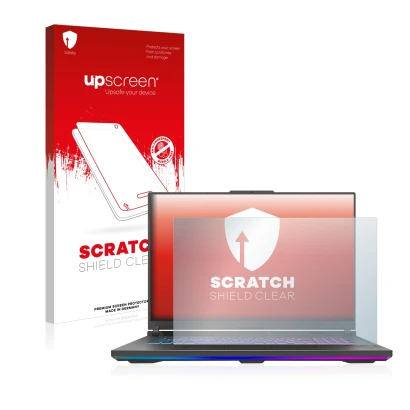 Face avant d’un emballage produit avec le logo de la marque upscreen. À côté, l’appareil ASUS ROG Strix G18 G814 2023 est repr