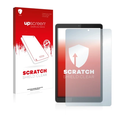 Face avant d’un emballage produit avec le logo de la marque upscreen. À côté, l’appareil Lenovo Tab M8 (4ème Gen.) est représe