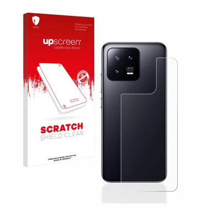 Face avant d’un emballage produit avec le logo de la marque upscreen. À côté, l’appareil Xiaomi 13 (Arrière) est représenté av