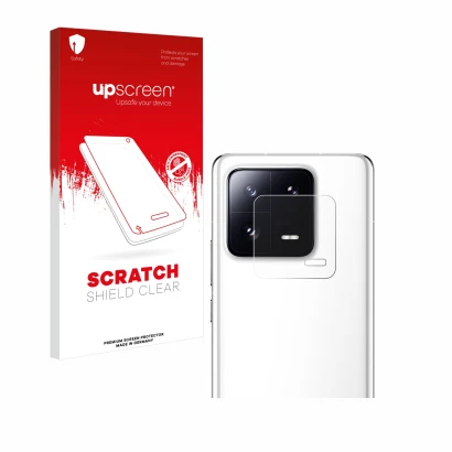 Face avant d’un emballage produit avec le logo de la marque upscreen. À côté, l’appareil Xiaomi 13 Pro (Caméra UNIQUEMENT) est