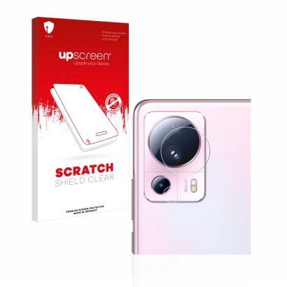 Face avant d’un emballage produit avec le logo de la marque upscreen. À côté, l’appareil Xiaomi 13 Lite (Caméra UNIQUEMENT) es