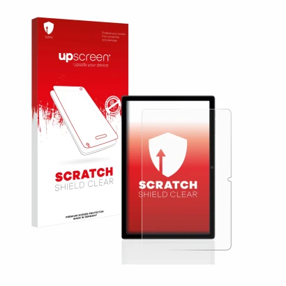 Face avant d’un emballage produit avec le logo de la marque upscreen. À côté, l’appareil Blackview Tab 16 est représenté avec