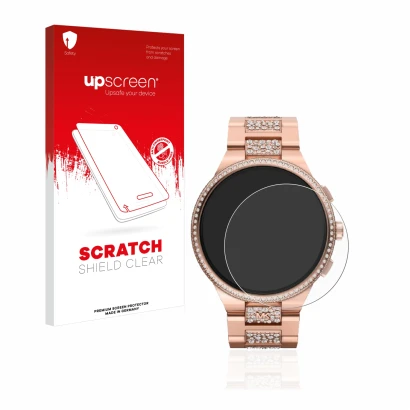 Face avant d’un emballage produit avec le logo de la marque upscreen. À côté, l’appareil Michael Kors Camille Gen 6 MKT5147 es